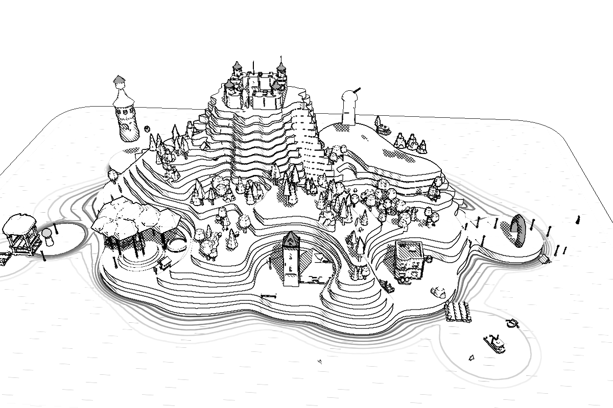 The whole island in ink: a stepped mesa with a fort, a river running east to the sea, a lighthouse on the north-west headland and a harbour in the south-east.