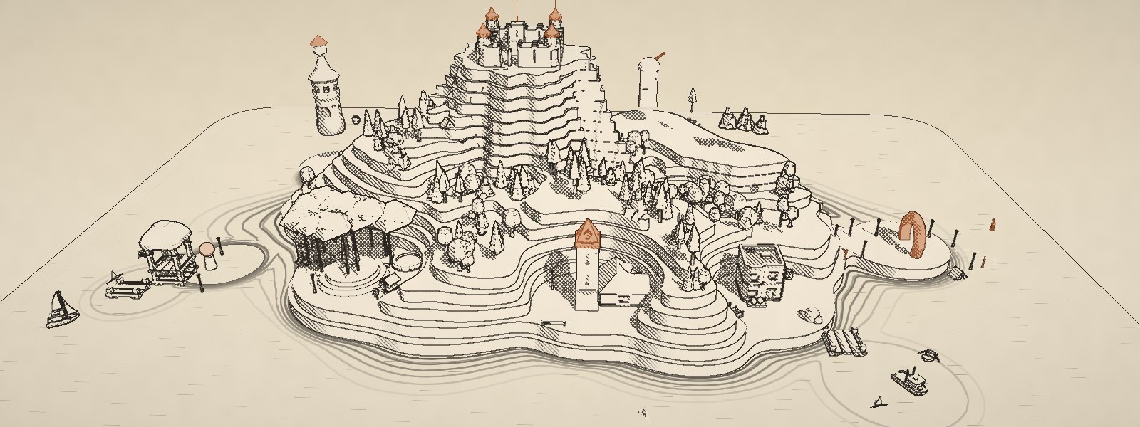 The whole island at 09:30: ink on warm paper, the fort on its mesa, the library tower, the harbour studio