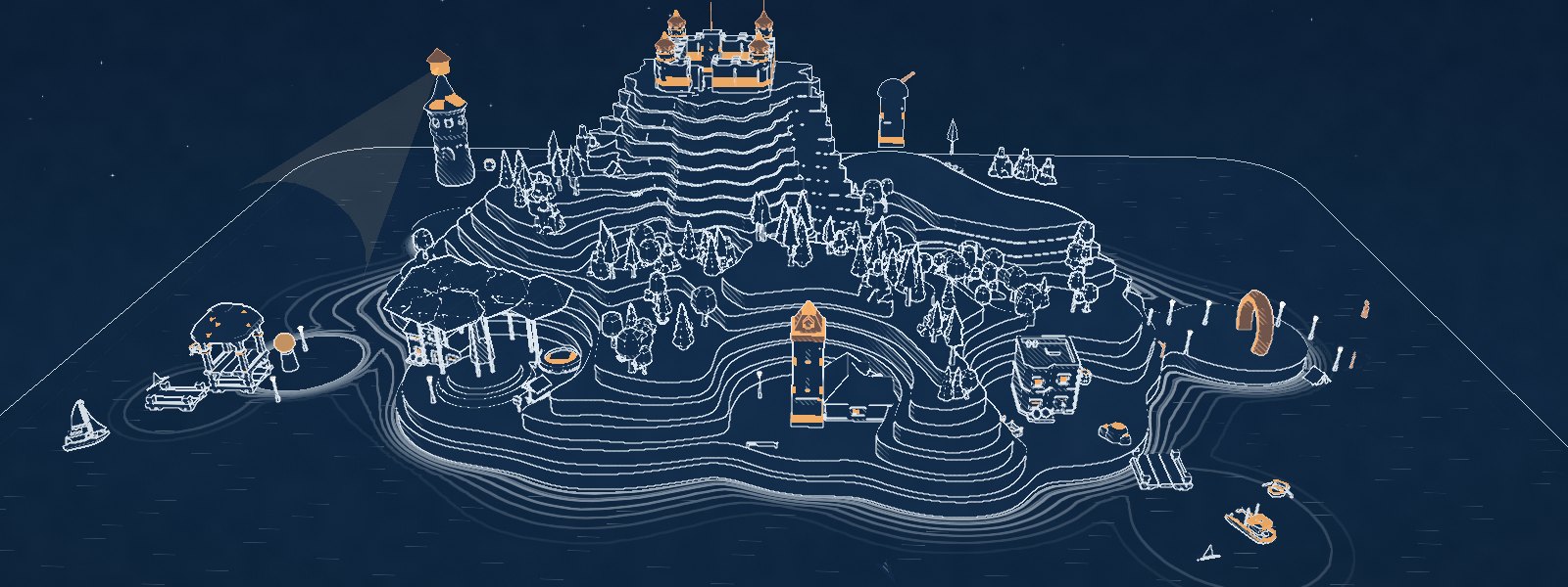 The same island at 22:30 in cyanotype blue: pale ink lines, rust-lit windows and a lighthouse beam
