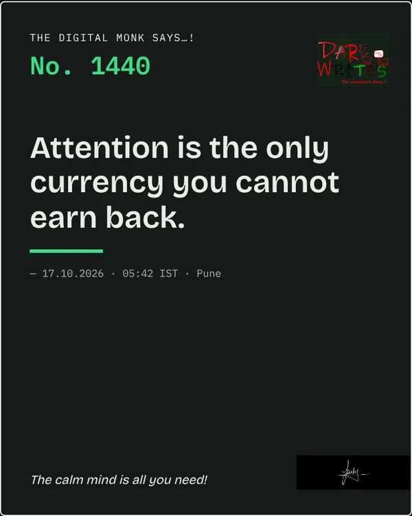 The same card in Direction B: night background, No. 1440 in phosphor green, the binary mark top right, the English quote in Bricolage Grotesque, a green rule and the signature bottom right.