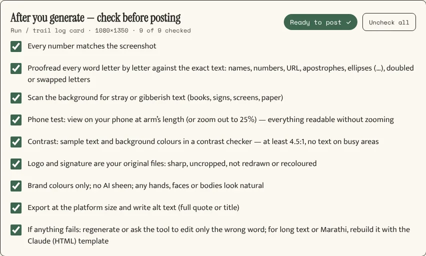 The checklist for the run and trail log card in Direction C: nine boxes, all ticked, the counter reading 9 of 9 checked and a green Ready to post badge beside an Uncheck all button.