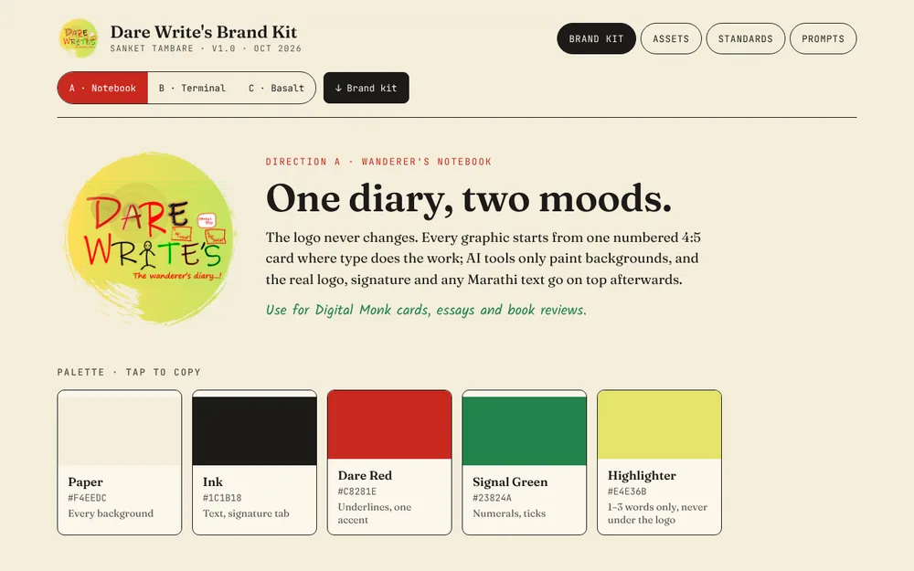 The Brand kit page in Direction A: warm paper, black ink, the round badge logo and five swatches from Paper to Highlighter.