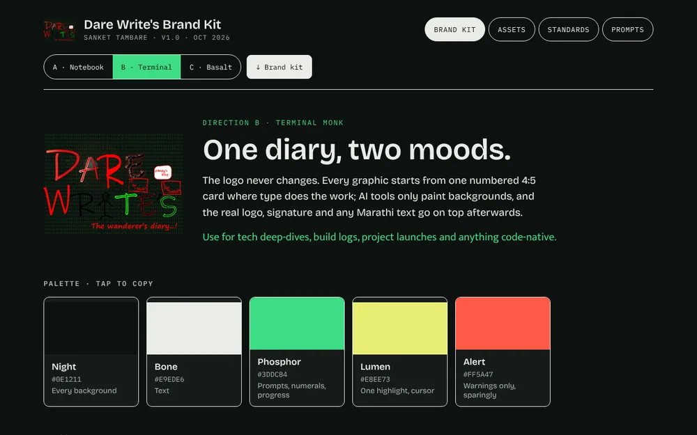 The same page in Direction B: near-black night, bone text, phosphor green, and the binary wordmark in place of the badge.