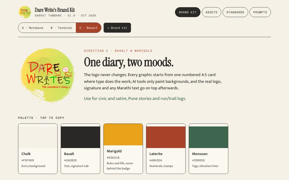 The same page in Direction C: chalk paper, basalt ink, marigold, laterite and monsoon green, with the badge.
