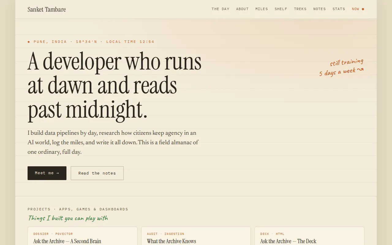 The old Field Almanac homepage: warm paper, a serif headline 'A developer who runs at dawn and reads past midnight', a nav of eight views
