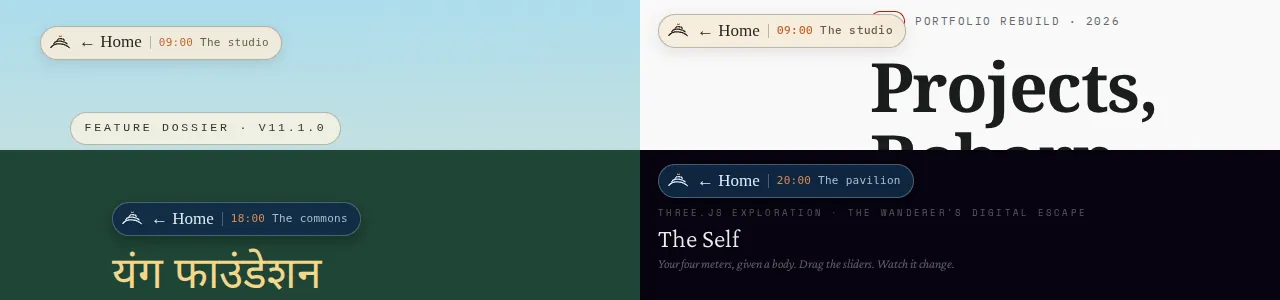 Four sub-pages, each with the same small chip at top left: a contour glyph, '← Home', and the hour and place it returns to