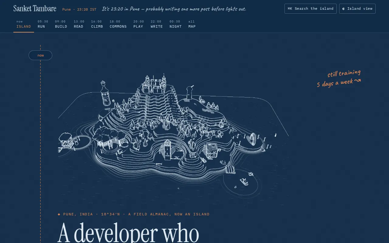 The classic view in dark mode: cyanotype blue paper with pale ink lines