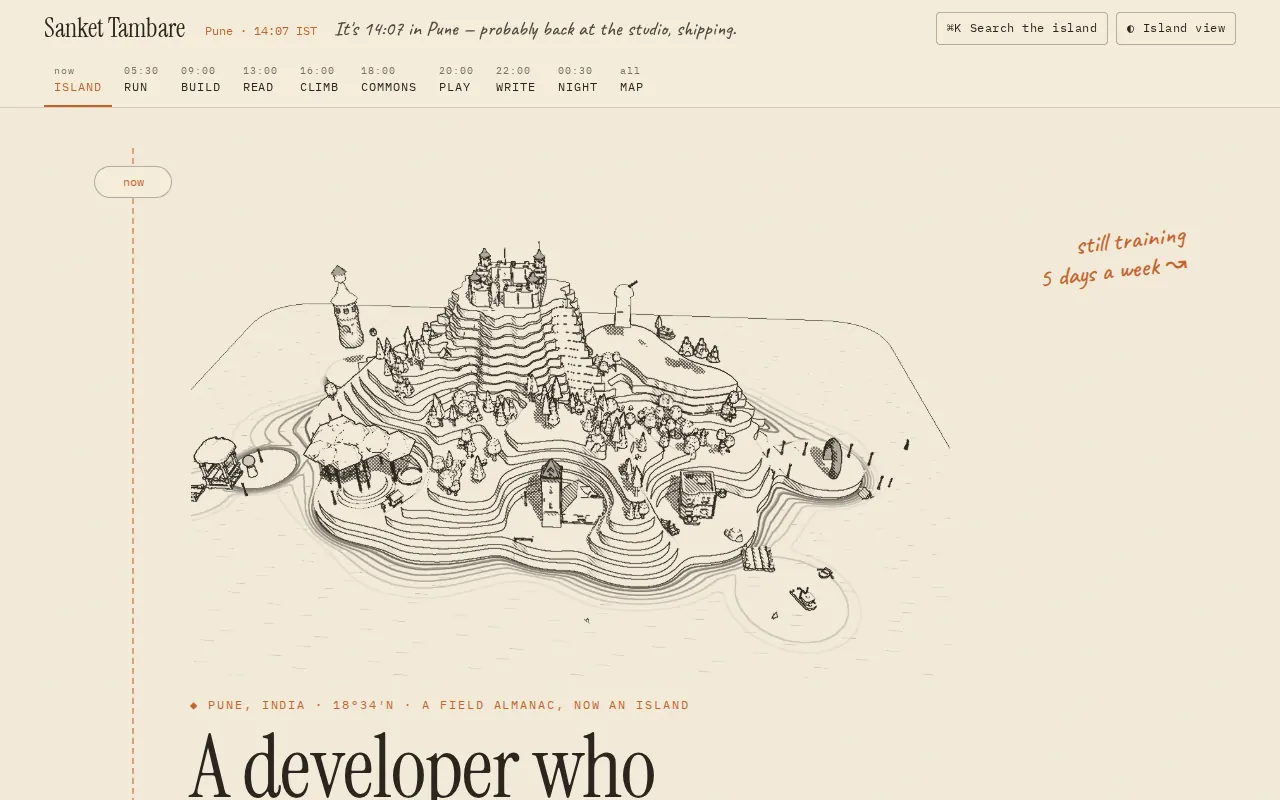 The classic view: a vertical day timeline with an ink still of the whole island above the headline