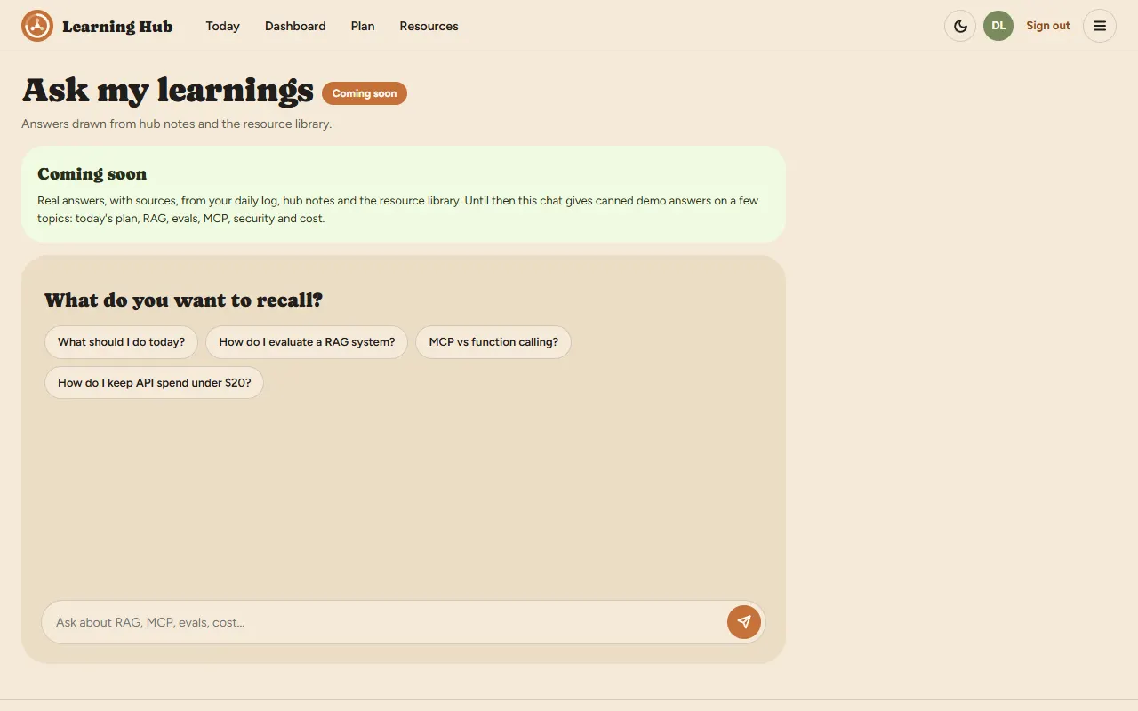 Ask my learnings, marked coming soon, with suggested questions and a chat box