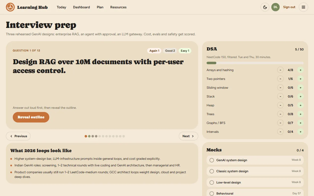 Interview prep: a flashcard asking to design RAG over 10 million documents with per-user access control, with again, good and easy counts; DSA counters for eight topics; four mocks