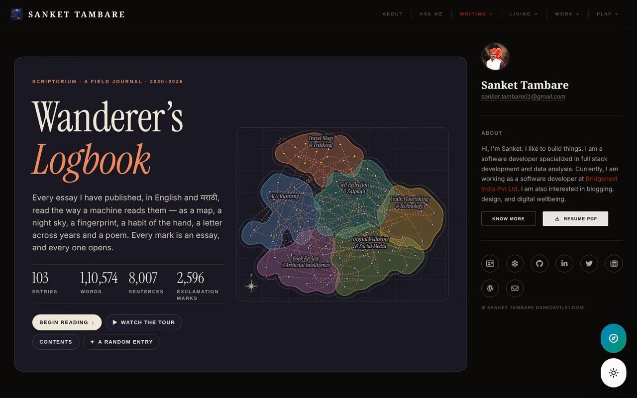 The cover in dark mode: deep indigo paper, bone-coloured type, coral Logbook, and darker islands on the chart.