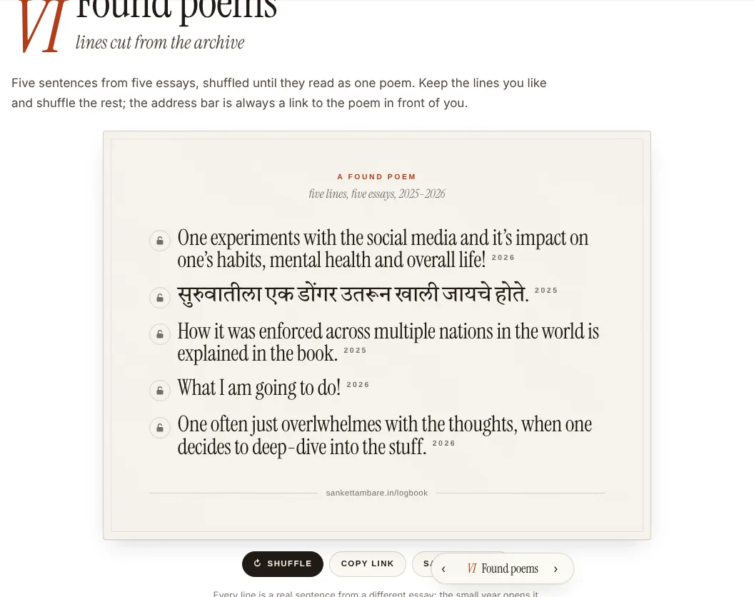 The Found poems chapter: a paper card titled A found poem, five lines from five essays between 2023 and 2026 in English and Marathi, each with a small padlock and its year, and Shuffle, Copy link and Save as image buttons below.