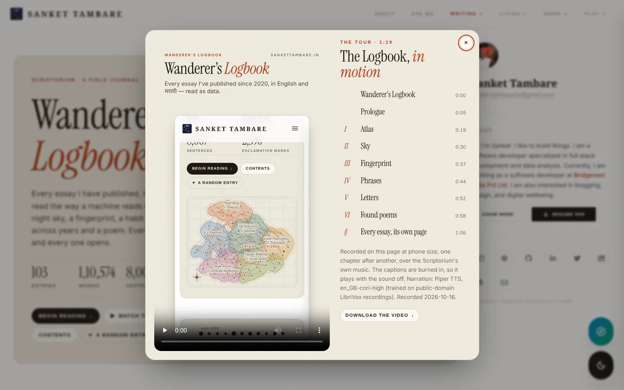 The tour dialog over the cover on a desktop: the vertical video's poster on the left and, on the right, the title The Logbook, in motion, nine chapters with their start times and a Download the video button.
