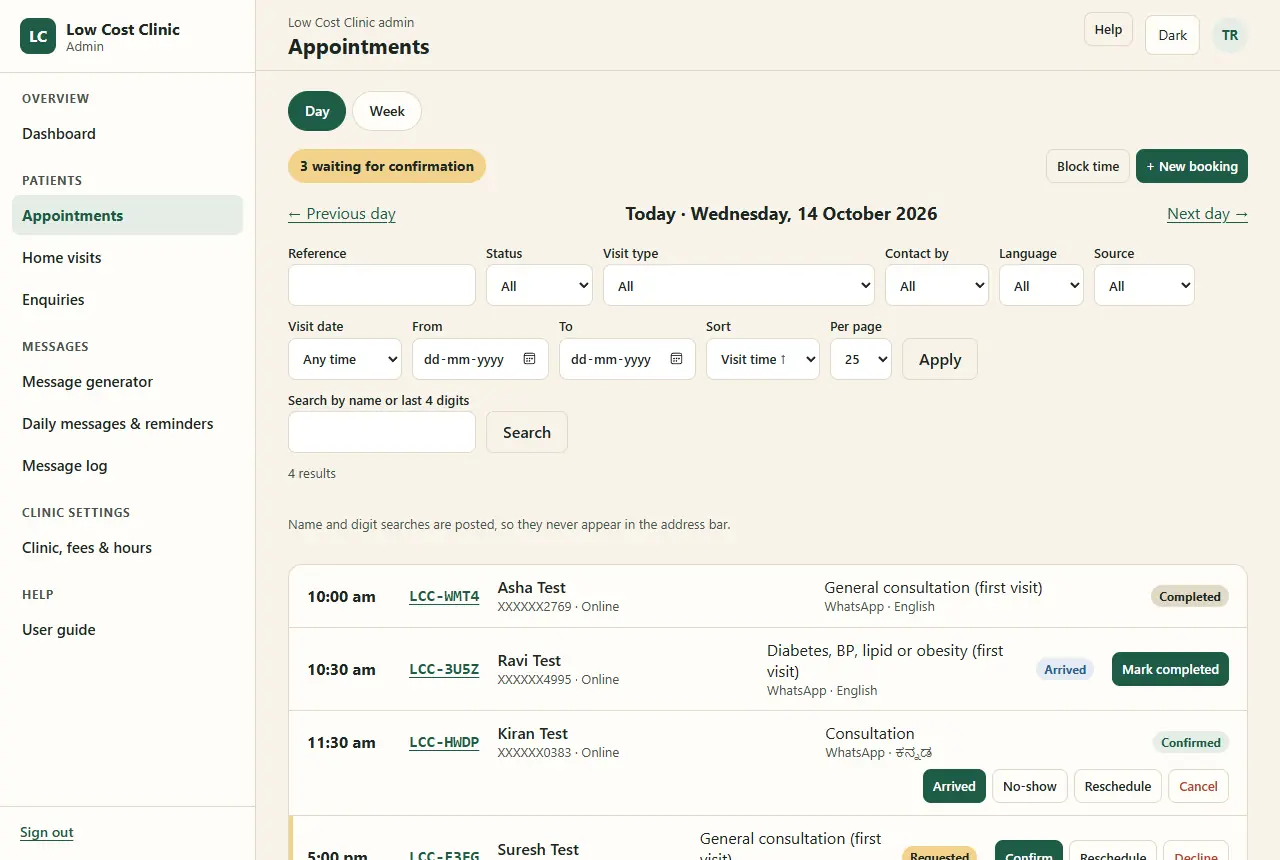 Appointments, Day view for Wednesday 14 October 2026 with made-up patients: a '3 waiting for confirmation' badge, Block time and New booking buttons, filters, a note that name and digit searches are posted so they never appear in the address bar, and rows: 10:00 completed, 10:30 arrived with Mark completed, 11:30 confirmed (visit type shown only as Consultation) with Arrived, No-show, Reschedule and Cancel, and 5:00 pm requested with Confirm, Reschedule and Decline