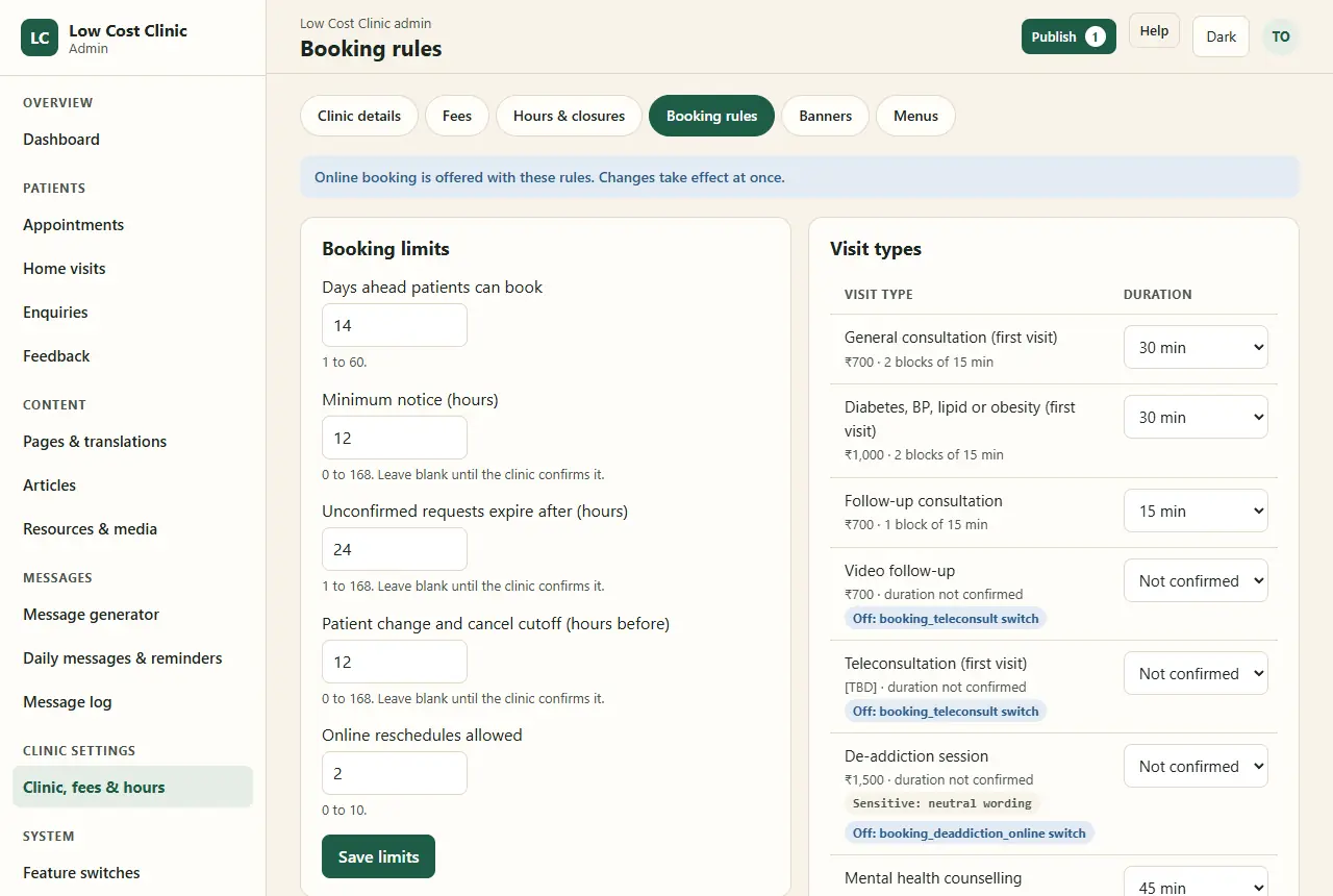 The Booking rules tab: booking limits of 14 days ahead, 12 hours minimum notice, unconfirmed requests expiring after 24 hours, a 12-hour change and cancel cutoff and 2 online reschedules; and visit types with fees and durations in 15-minute blocks, such as General consultation ₹700, 2 blocks; Follow-up ₹700, 1 block; Video follow-up and Teleconsultation off by their switch; and a De-addiction session marked Sensitive: neutral wording, off for online booking