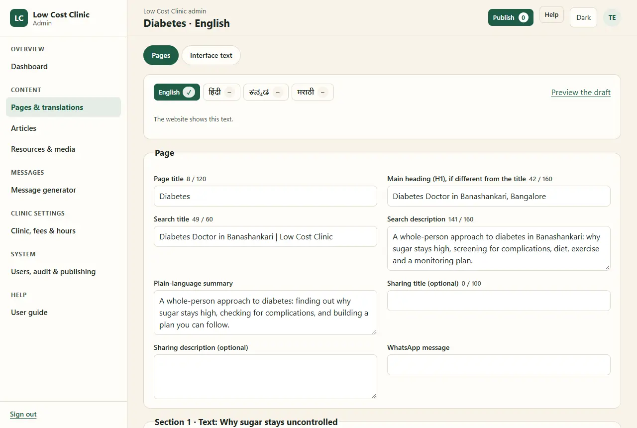 The page editor for Diabetes in English: language tabs with English ticked and Hindi, Kannada and Marathi empty, Preview the draft, and fields with character counters: page title 8 of 120, main heading 42 of 160, search title 49 of 60, search description 141 of 160, plain-language summary, sharing title and description, and WhatsApp message