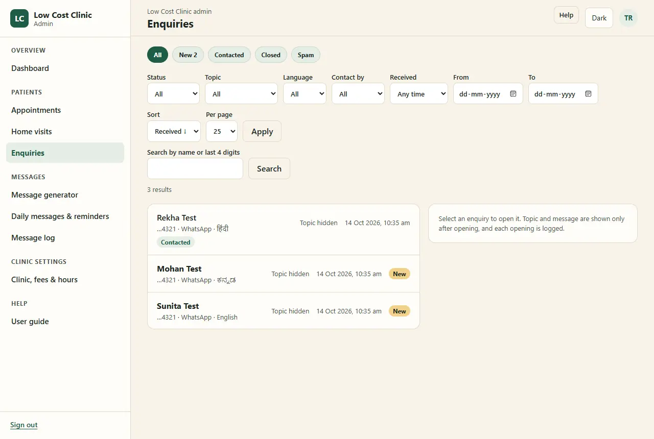 The Enquiries inbox with made-up names: All, New, Contacted, Closed and Spam tabs, filters, and three rows each showing 'Topic hidden', and a side panel saying topic and message are shown only after opening, and each opening is logged