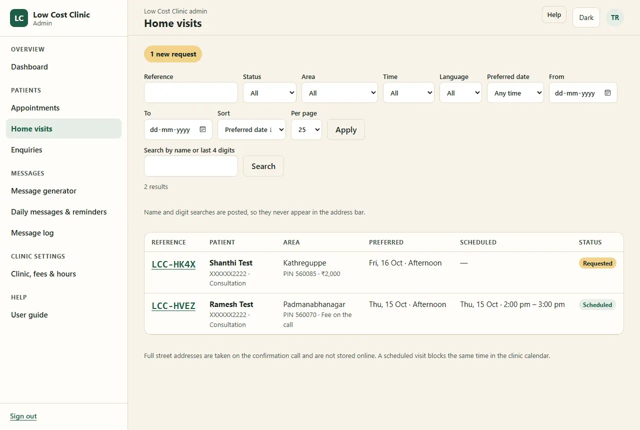 The Home visits list with made-up data: a '1 new request' badge, filters for status, area, time, language and preferred date, and two rows: LCC-HK4X in Kathreguppe, PIN 560085, ₹2,000, preferred Friday 16 October afternoon, Requested; and LCC-HVEZ in Padmanabhanagar, fee on the call, scheduled Thursday 15 October 2 to 3 pm; a note that full street addresses are taken on the confirmation call and a scheduled visit blocks the same time in the clinic calendar