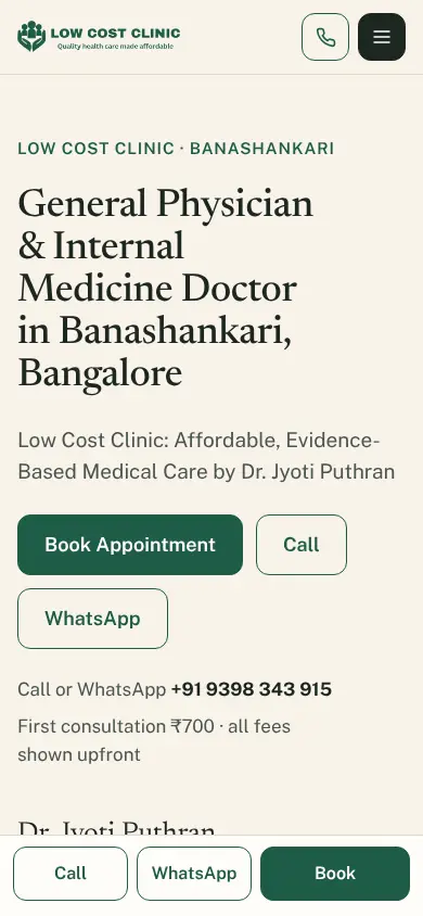 The home page on a phone in light mode: logo, Call and menu buttons, the headline, Book Appointment, Call and WhatsApp buttons, the phone number, and the bottom bar with Call, WhatsApp and Book