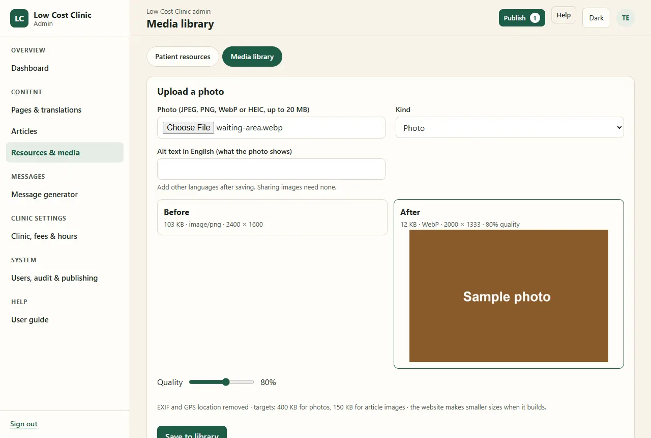 Media library, Upload a photo: Before 103 KB PNG at 2400 by 1600; After 12 KB WebP at 2000 by 1333 at 80 percent quality, a quality slider, and the note EXIF and GPS location removed, targets 400 KB for photos and 150 KB for article images