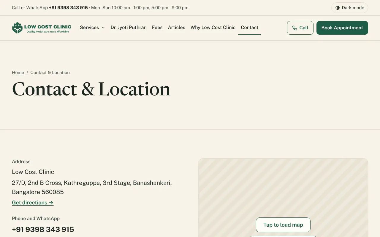 The Contact and Location page: the address in Banashankari with Get directions, the phone and WhatsApp number, and a striped map placeholder with a Tap to load map button