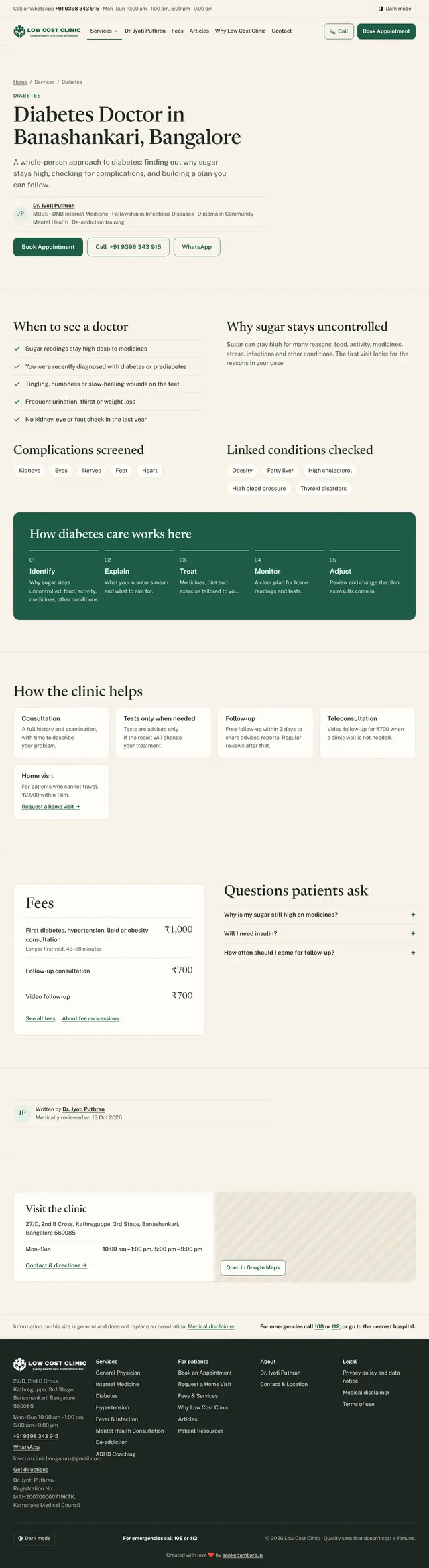The whole Diabetes page from top to bottom: summary with the doctor's qualifications and Book, Call and WhatsApp buttons; When to see a doctor checklist; complications screened and linked conditions checked; How diabetes care works here in five steps; How the clinic helps; the fees box with first visit ₹1,000 and follow-up ₹700; questions patients ask; written by Dr. Jyoti Puthran, medically reviewed on 13 Oct 2026; Visit the clinic card with address, hours and an Open in Google Maps button; the medical disclaimer with emergency numbers; and the footer