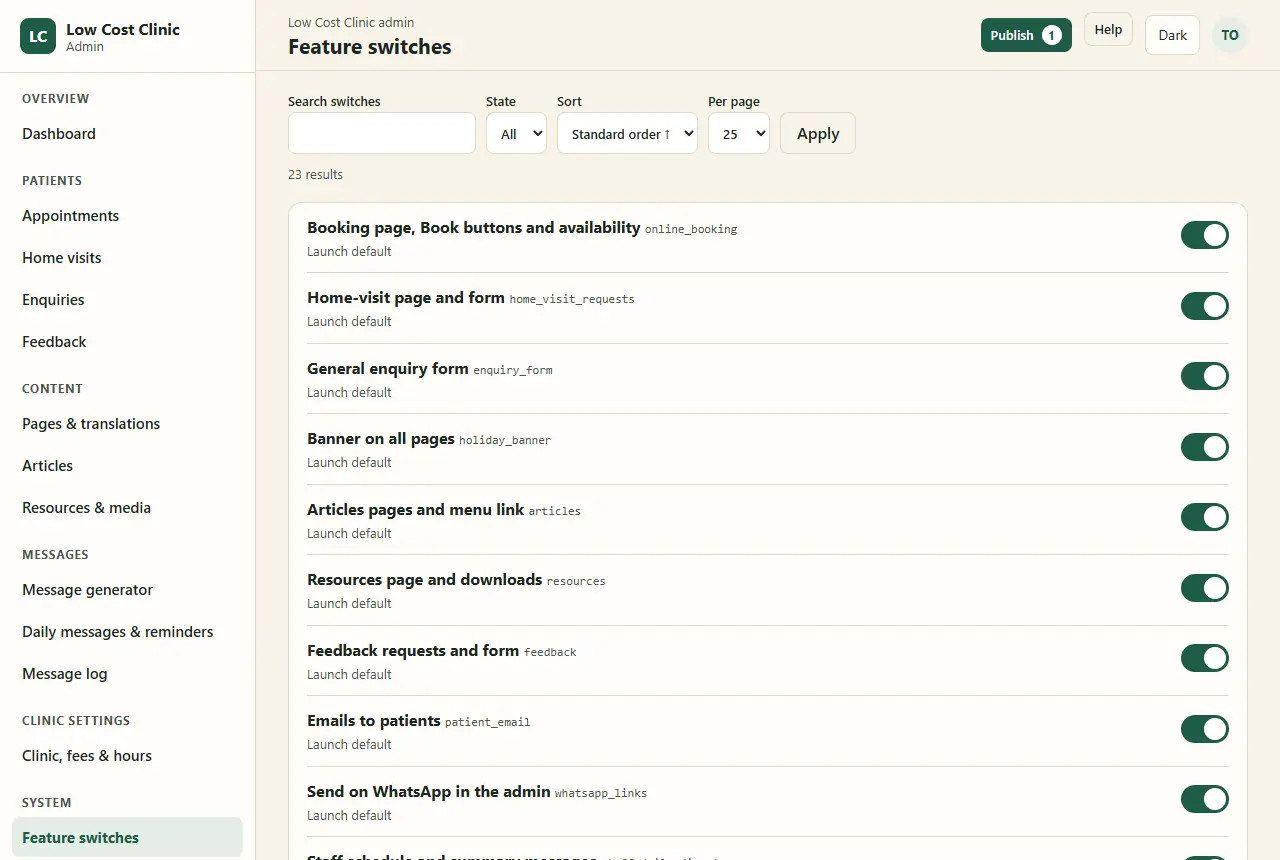 Feature switches, owner only: 23 switches, among them online booking, home-visit page and form, general enquiry form, banner on all pages, articles, resources, feedback requests, emails to patients, Send on WhatsApp in the admin, staff schedule and summary messages, day-before reminders and the message generator, all on, each with its code name