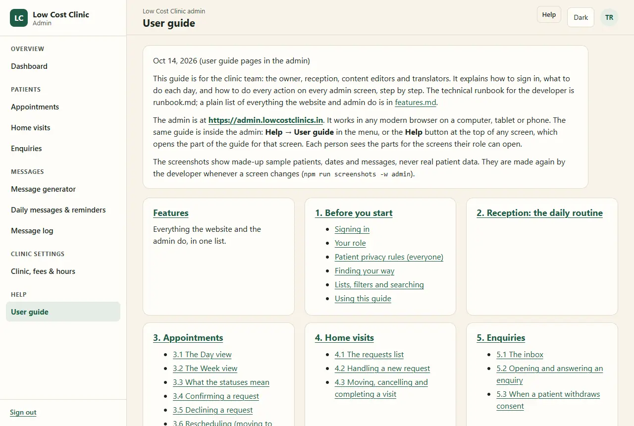 The User guide inside the admin: an introduction saying the guide is for the owner, reception, content editors and translators, that each person sees the parts for the screens their role can open, and that the screenshots show made-up sample patients; then cards for Features, Before you start (signing in, your role, patient privacy rules, finding your way, lists and searching), Reception's daily routine, Appointments, Home visits and Enquiries