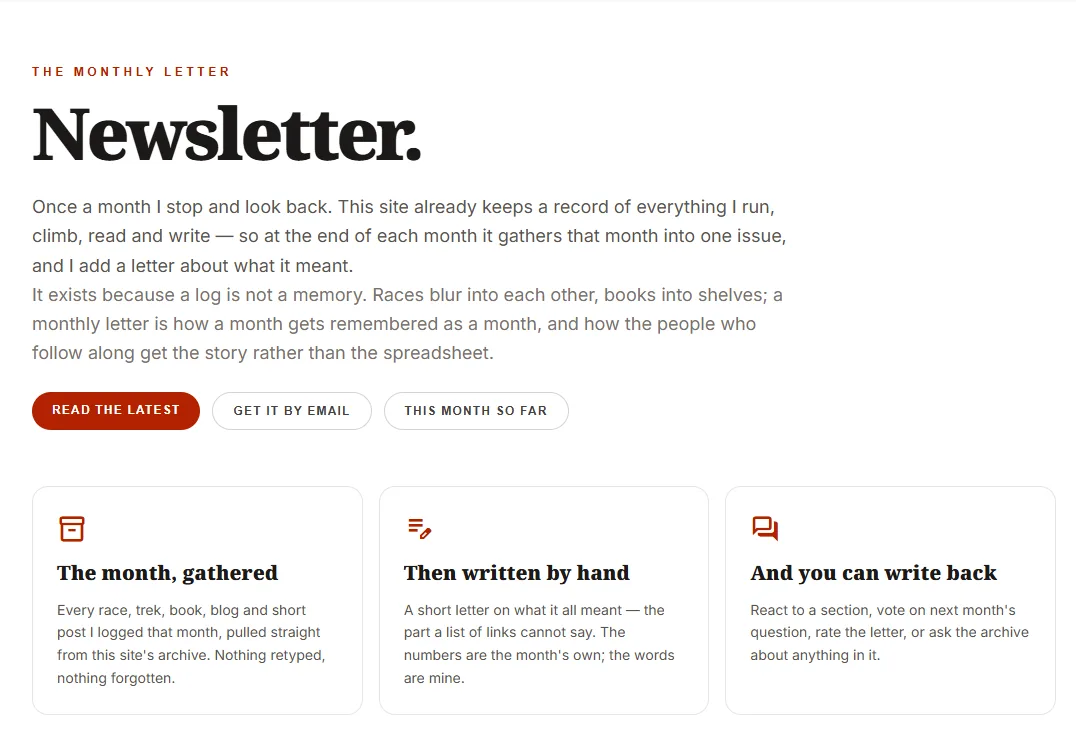 The /newsletter hub page: the heading Newsletter, a paragraph on why it exists, three buttons, and three cards — The month, gathered; Then written by hand; And you can write back.