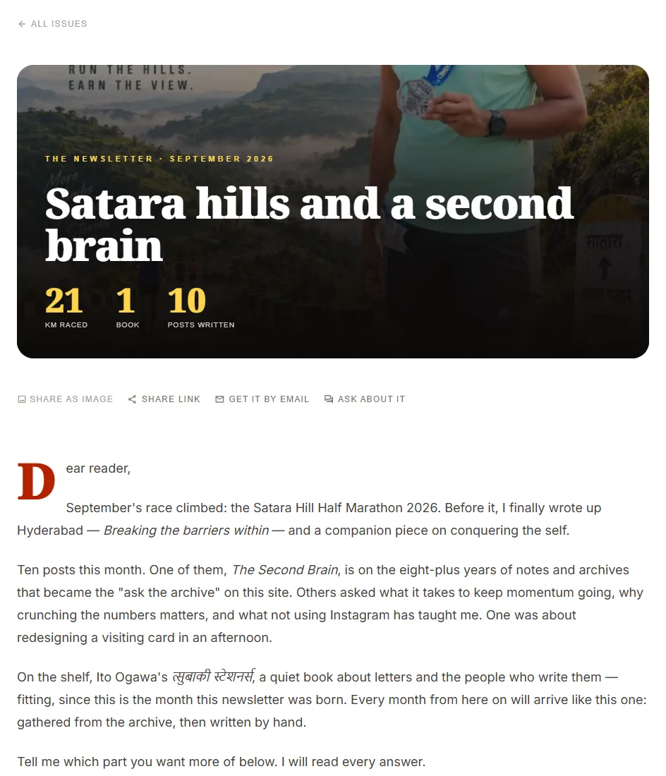 The September issue in the classic theme: a dark photo cover titled Satara hills and a second brain with 21 km raced, 1 book and 10 posts written, then the letter with a red drop cap.