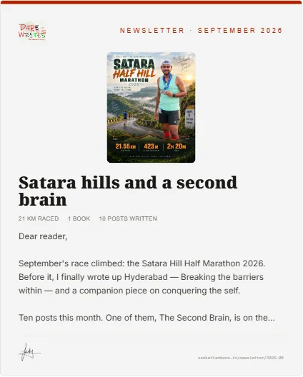 A portrait share image of the September issue: its race photo, the headline Satara hills and a second brain, three stats and the start of the letter.