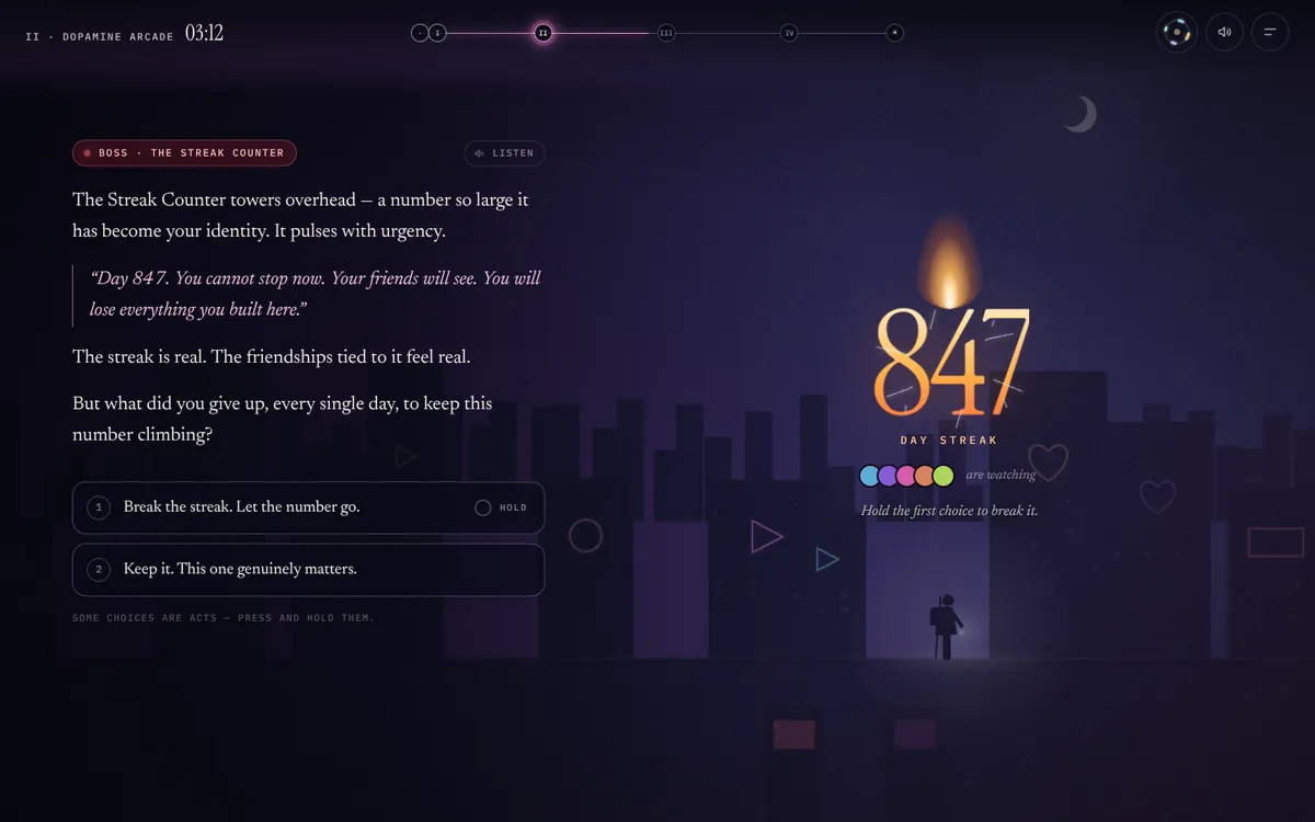 The Streak Counter boss in the Dopamine Arcade at 03:12: a towering 847 with a flame on top, five coloured dots that are watching, and two choices, Break the streak. Let the number go, marked hold, and Keep it. This one genuinely matters.