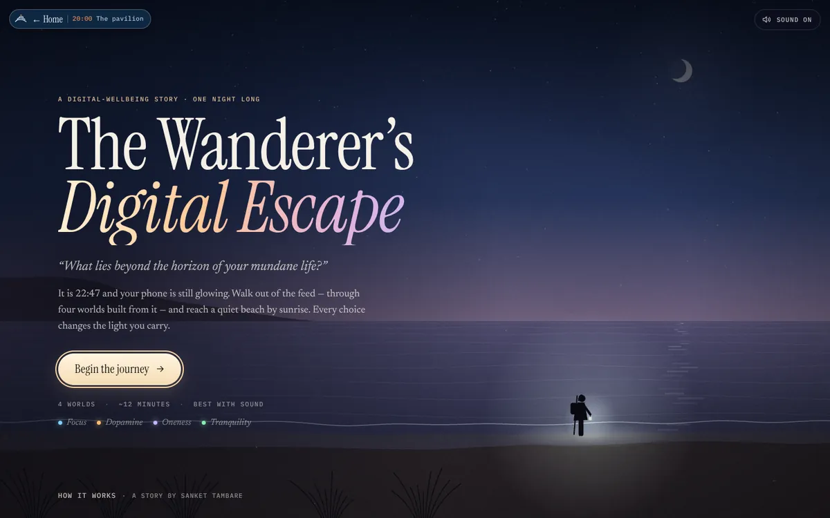 The game's title screen at night: The Wanderer's Digital Escape in large serif type, the line What lies beyond the horizon of your mundane life?, a Begin the journey button, and the four meters Focus, Dopamine, Oneness and Tranquility. A small hooded walker with a lantern stands at the shoreline on the right.